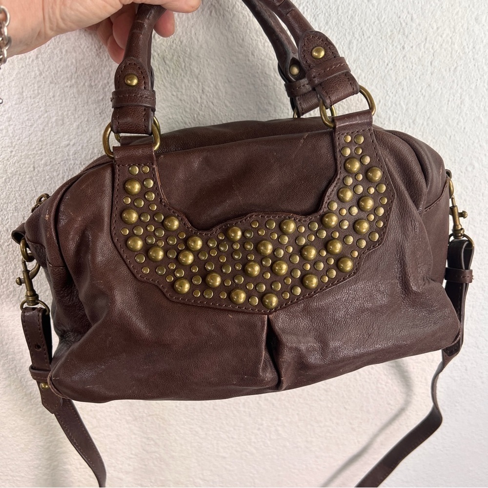 Brown Leather Crossbody/handheld bag with gold studs. Perfect size!  7-1/2Hx10W